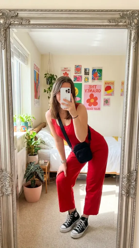 Casual red & black summer outfits: red sleeveless wide-leg romper with black crossbody bag and black Converse
