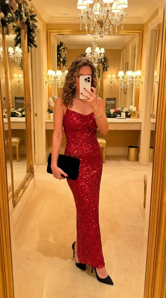 Full-length red sequin gown with black heels and velvet clutch, a glamorous red and black outfit idea for party.
