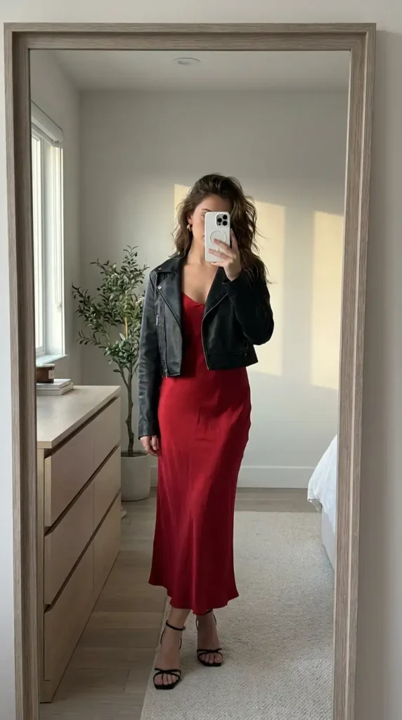 Red satin midi slip dress under a black leather moto jacket, a chic red and black outfit idea for party nights.
