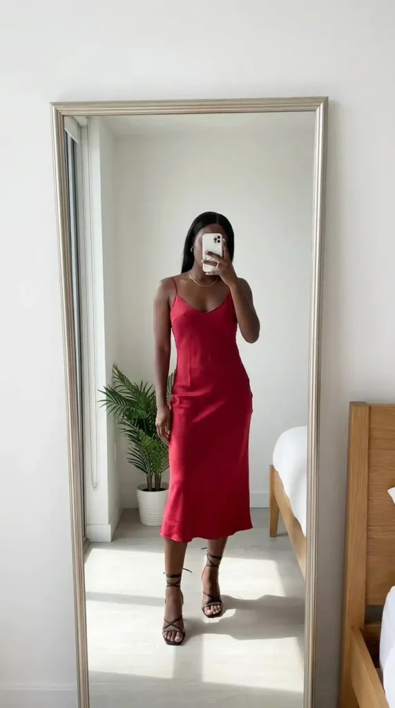 Red satin slip midi dress with black strappy heeled sandals – summer red and black outfit ideas black women
