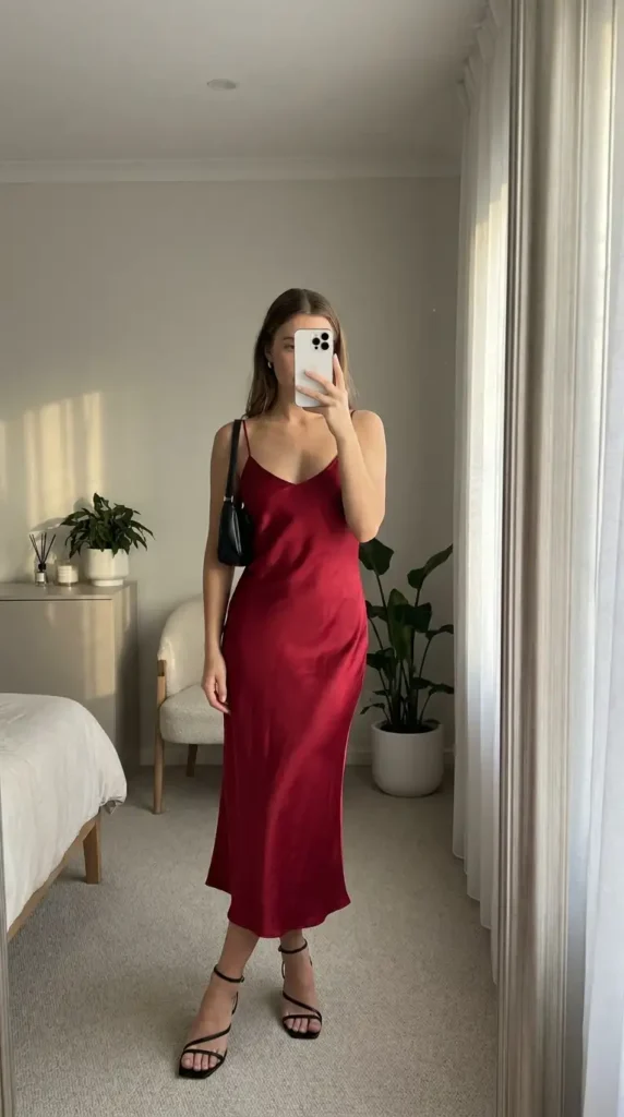 Elegant red & black summer outfits: deep red satin bias-cut slip midi dress with black strappy heeled sandals

