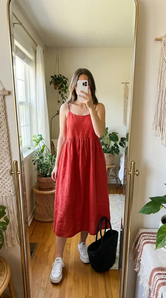 Red linen sundress with white Converse sneakers and a black tote – red black and white outfit ideas for summer
