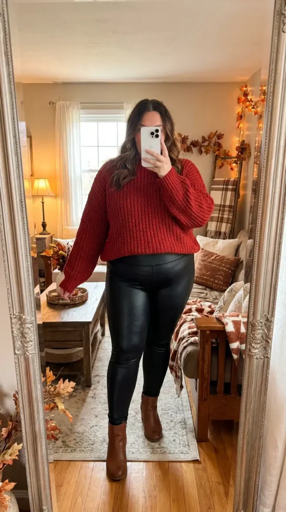 Red and black outfit ideas for plus size: chunky red knit sweater styled with black faux leather leggings and boots.
