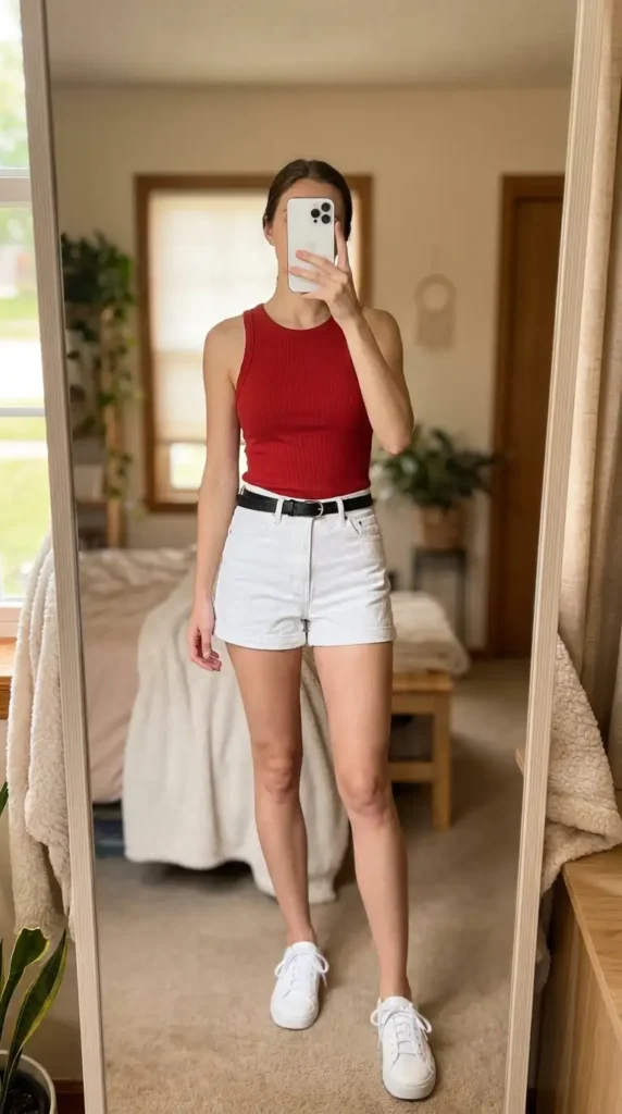 Red ribbed tank with white denim shorts, black belt, and white sneakers – red black and white summer outfit

