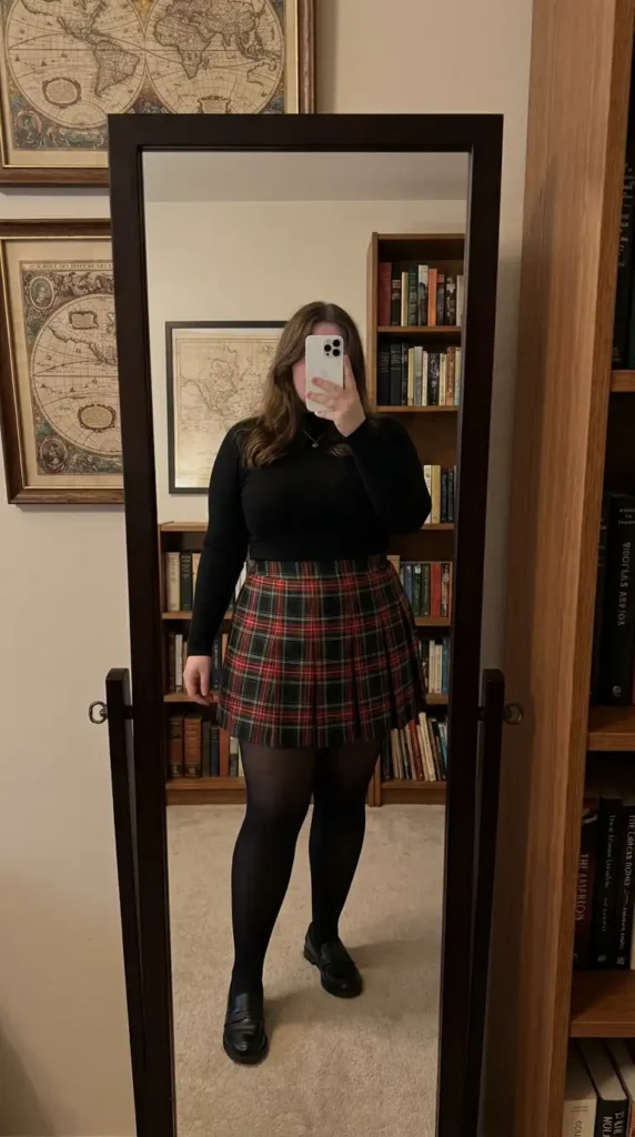 Red and black outfit ideas for plus size: black fitted long-sleeve top with a red tartan mini skirt and tights.
