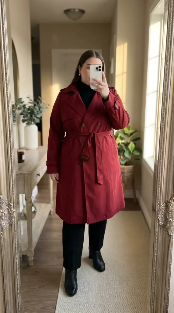 Red and black outfit ideas for plus size: belted red trench coat over a black turtleneck and black trousers with boots.
