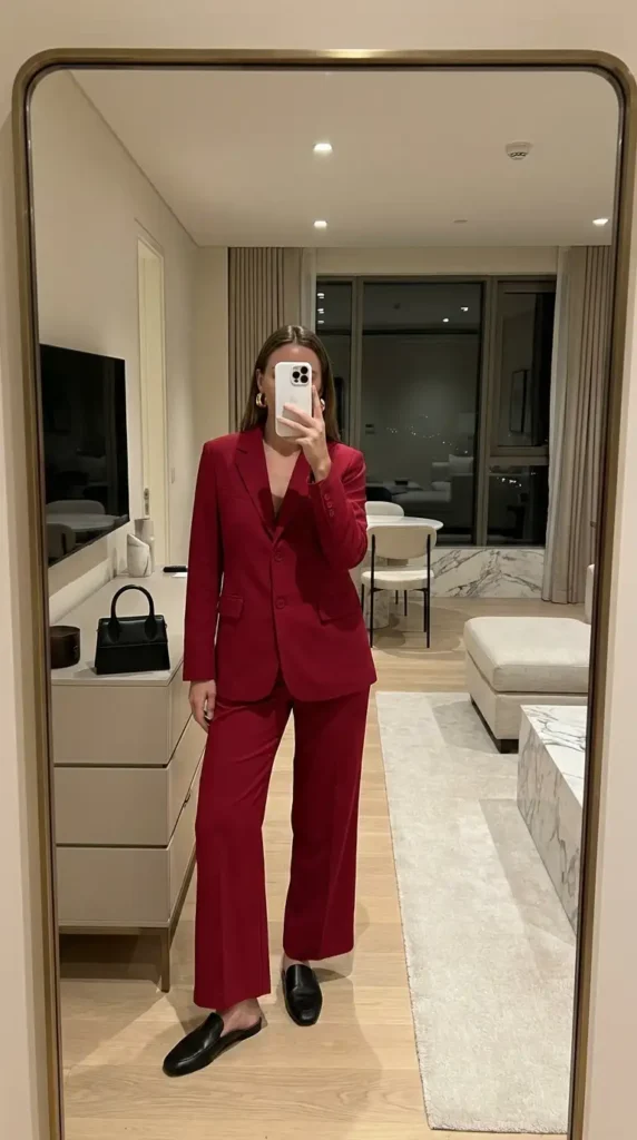 Power red & black summer outfits: deep red pantsuit two-piece set styled with black leather loafer mules

