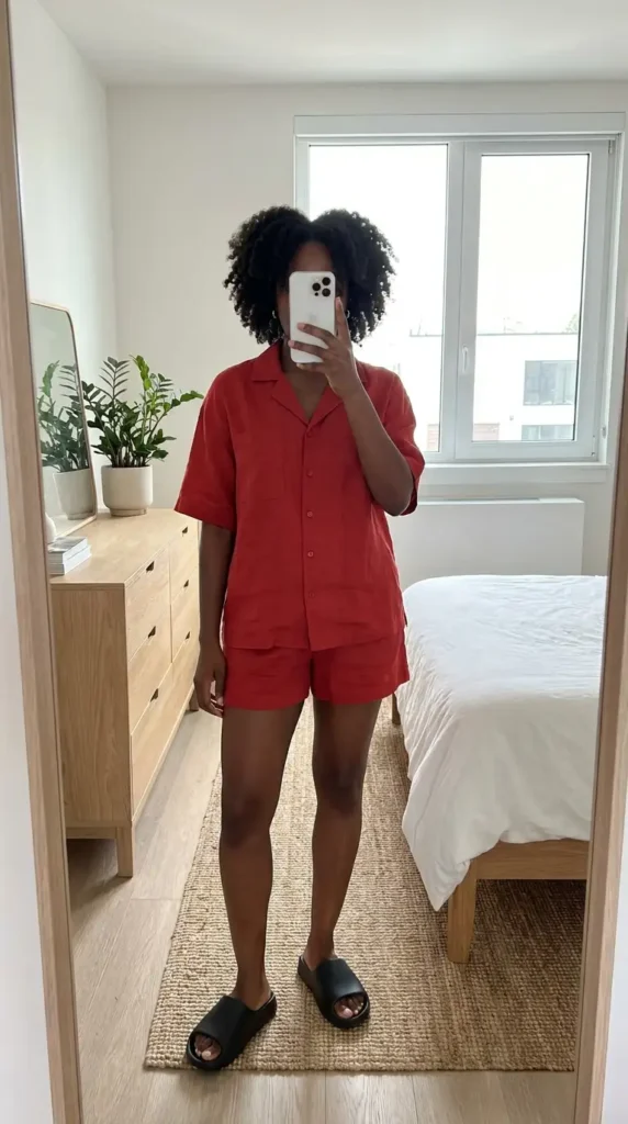 Red two-piece short set with button shirt and black slides – summer red and black outfit ideas black women
