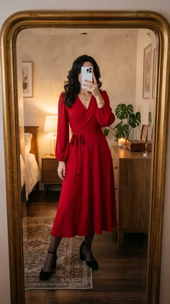 Feminine red & black summer outfits: long-sleeve red wrap midi dress with black sheer tights and block heels
