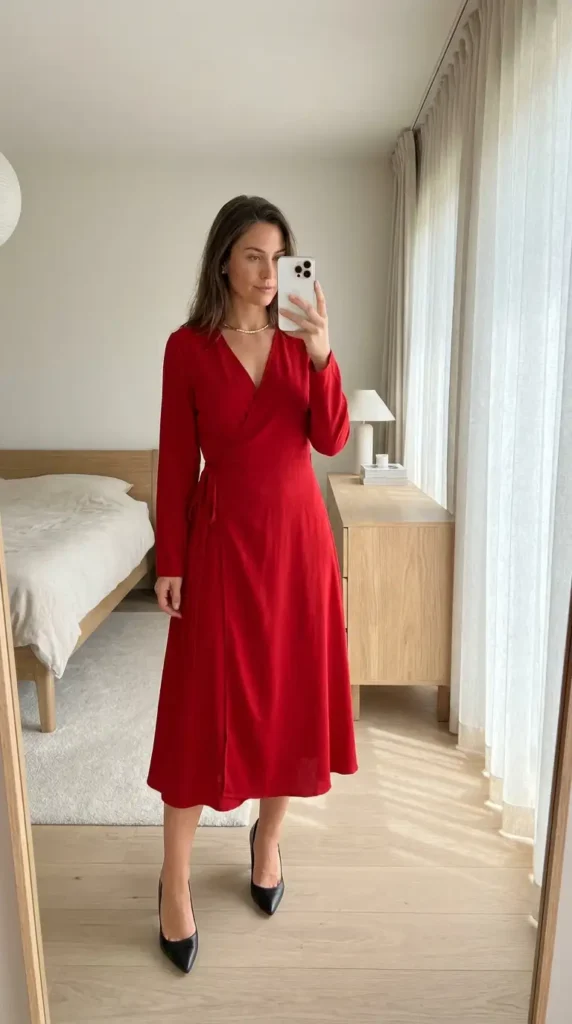 Red long-sleeve wrap midi dress with black pointed heels, a classic red and black outfit idea for party.
