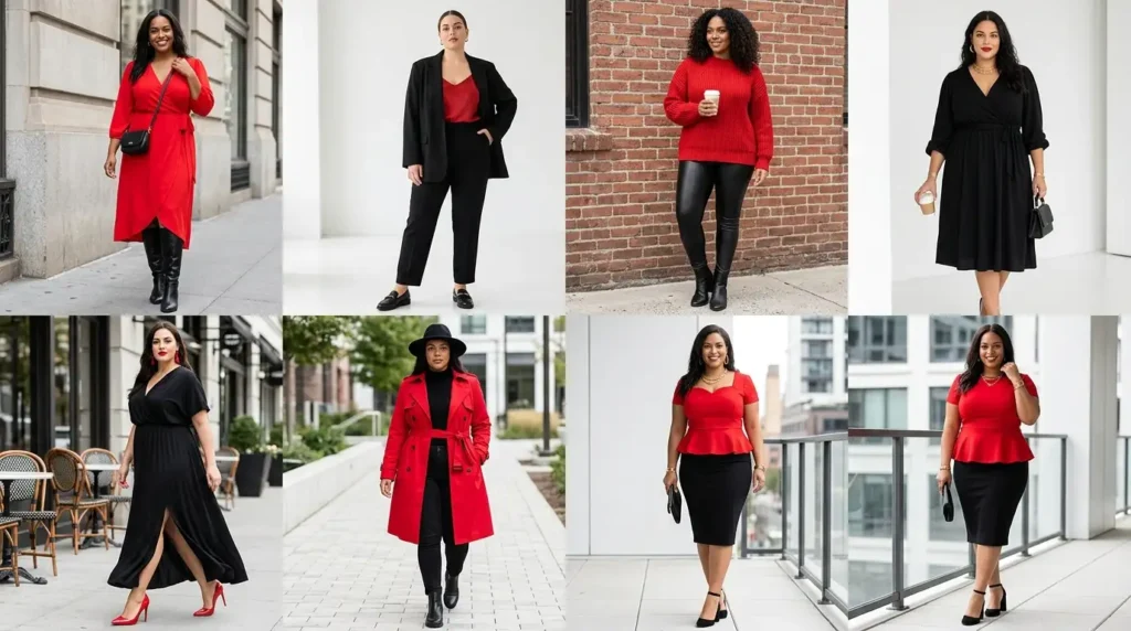 Red and black outfit ideas for plus size women featuring six bold stylish looks from casual to formal.