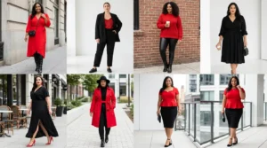 Red and black outfit ideas for plus size women featuring six bold stylish looks from casual to formal.