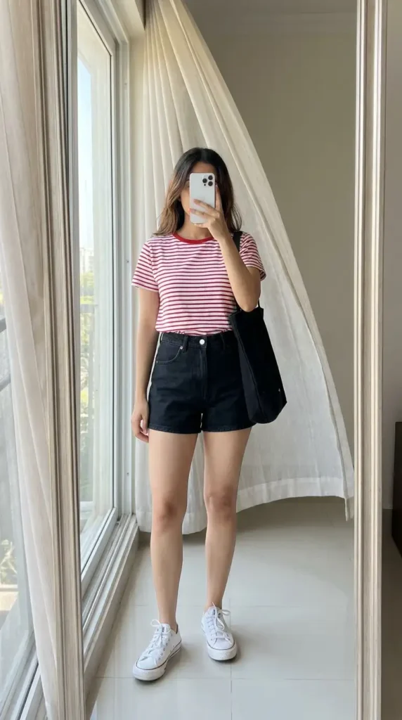 Red and white striped tee with black denim shorts and white sneakers – red black and white outfit for summer
