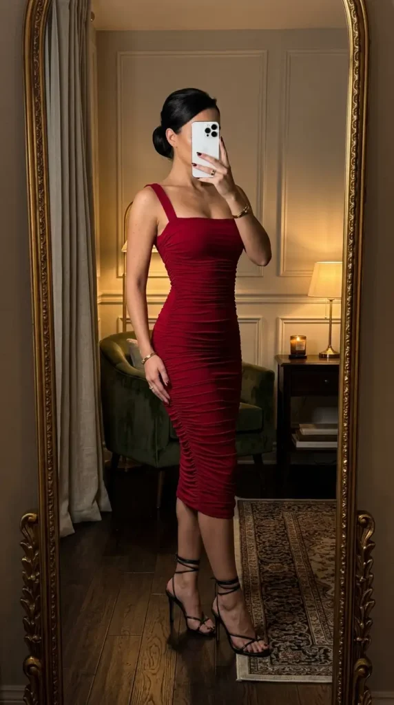 Red ruched bodycon midi dress with strappy heels — a glamorous summer wedding anniversary outfit idea.
