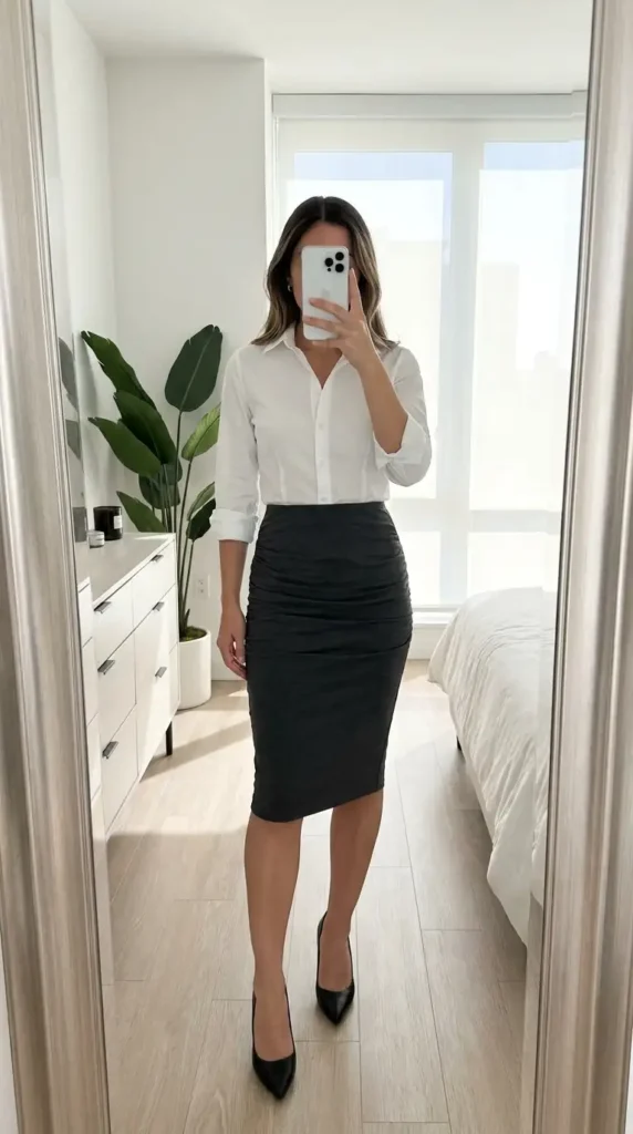 Black ruched pencil skirt outfit idea with a white button-down shirt and black stiletto heels