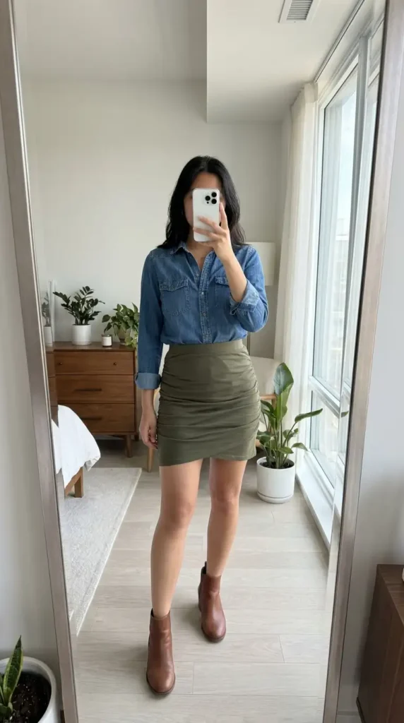 Olive mini rush skirt outfit idea styled with a classic denim shirt and brown ankle boots