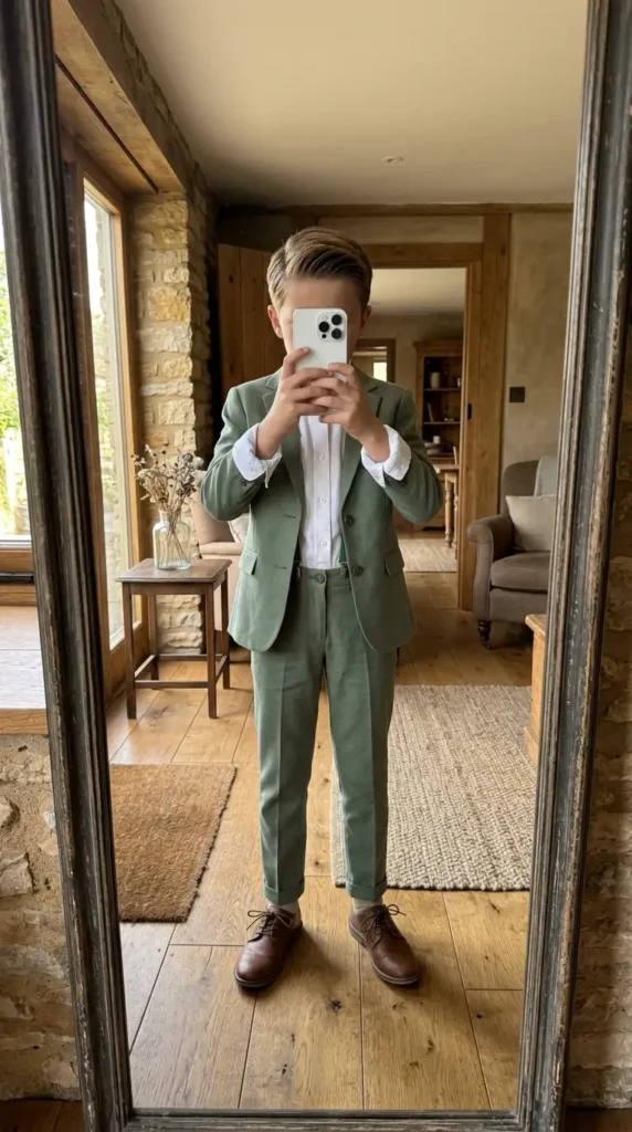 Sage green boys suit outfit idea for wedding summer with white shirt and brown lace-up shoes in a rustic farmhouse mirror.