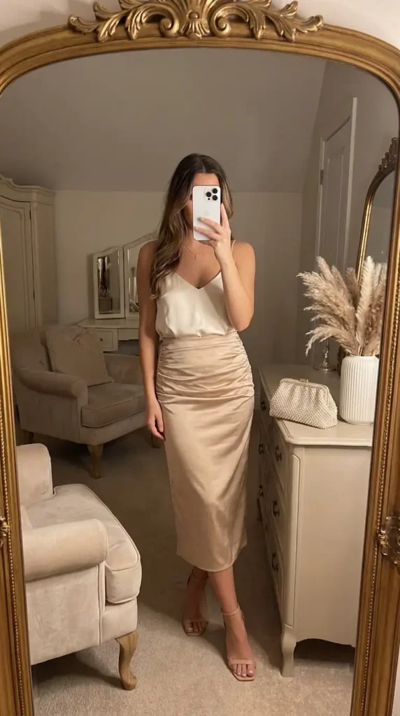 Champagne satin rush skirt outfit idea with a silk cami top and strappy nude heels for evening