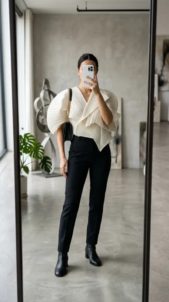 Artistic style outfits for women: sculptural pleated cream top with black tailored trousers and boots.
