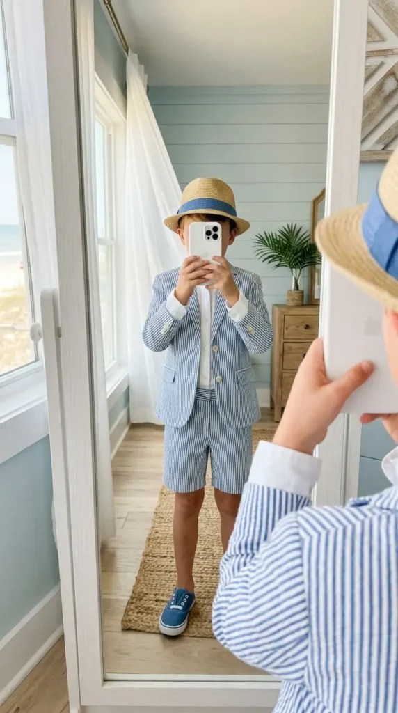 Seersucker striped boys suit outfit idea for wedding summer with straw hat, white shirt, and navy canvas shoes at the beach.