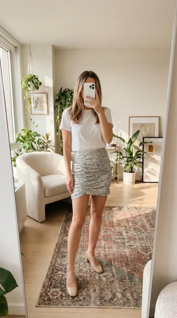 Silver sequin mini rush skirt outfit idea balanced with a simple white tee and nude block heels