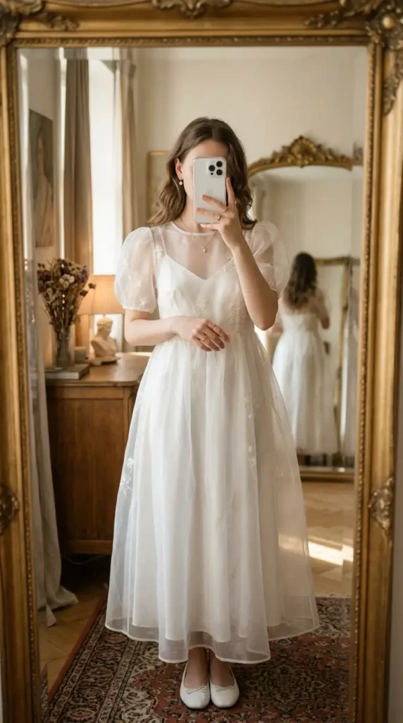 Artsy summer outfit ideas: white sheer organza midi dress with puff sleeves over a slip lining
