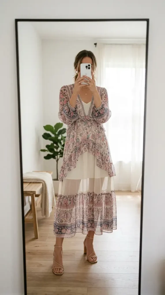 Artistic style outfits for women: sheer floral maxi layered over white slip dress with nude heels.

