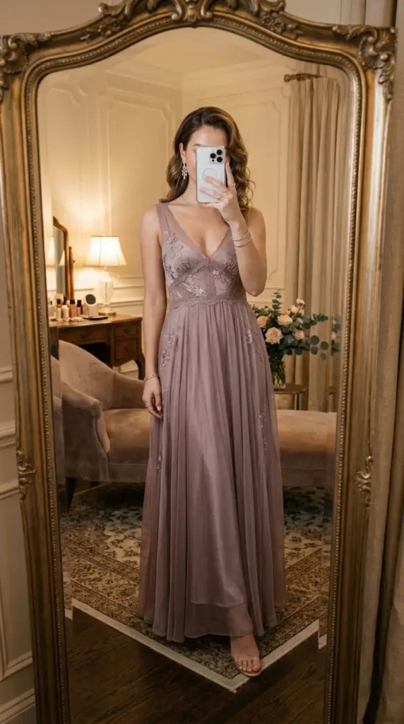Mauve sheer overlay floral gown — an elegant and feminine summer wedding anniversary outfit idea for women.
