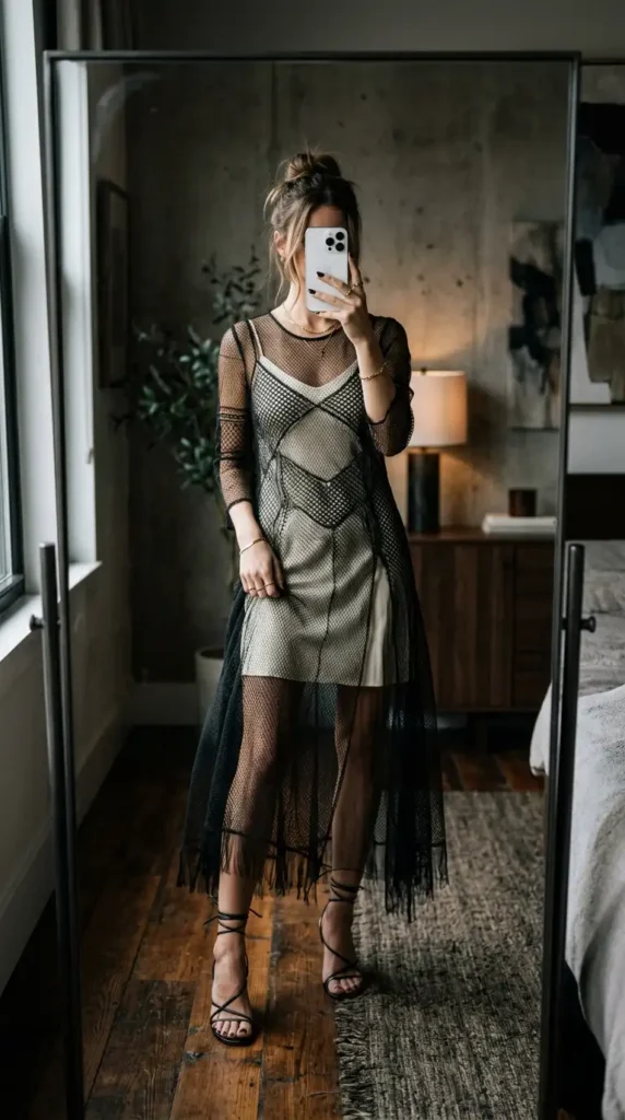 Black sheer woven overlay dress with fringe hem over white slip — edgy woven fantasy dress to impress
