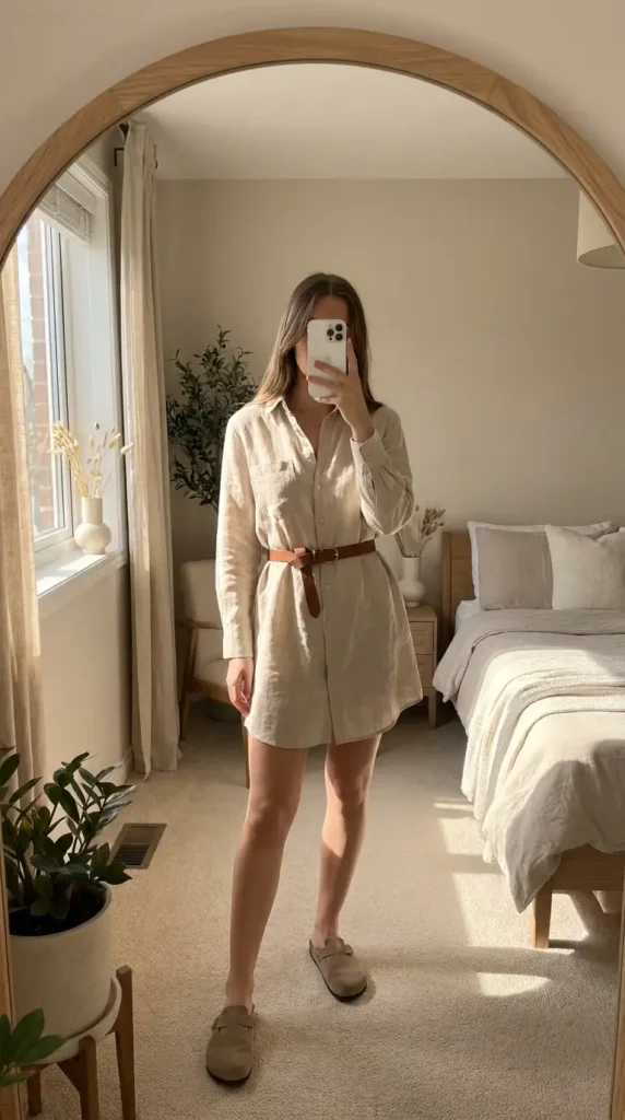 Cream linen shirt dress cinched with a brown leather belt — minimal summer family reunion outfit ideas