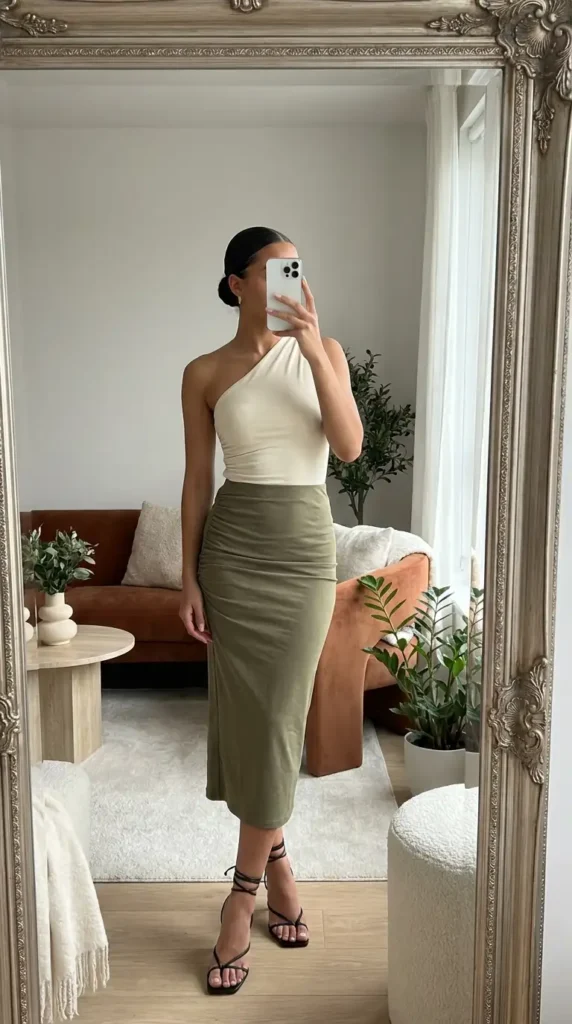 Sage midi rush skirt outfit idea with a one-shoulder cream top and black strappy heeled sandals