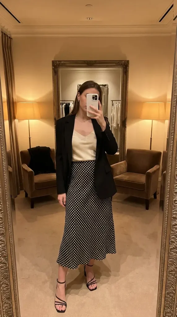 Black and white polka dot skirt outfits with a silk camisole, structured black blazer, and strappy heels
