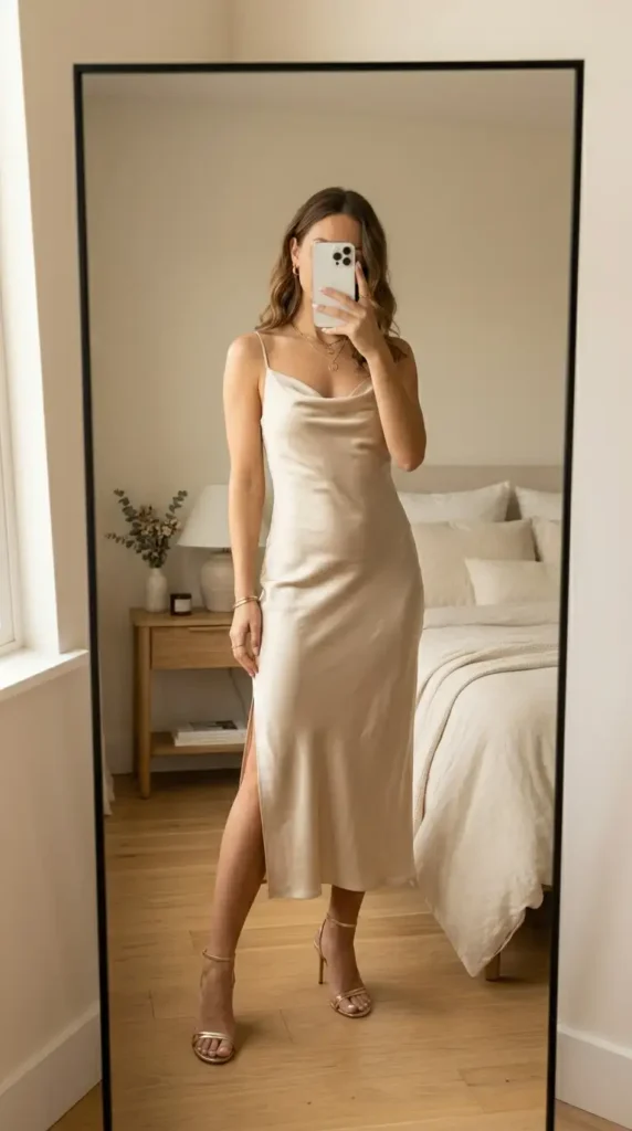 Champagne satin cowl neck slip dress — a timeless and minimal summer wedding anniversary outfit idea.
