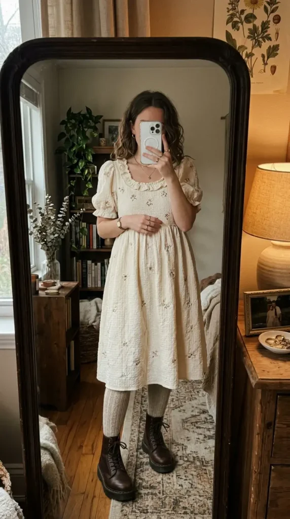 Cream floral smocked babydoll dress with chunky lace-up boots — cottagecore Summer Artsy School Outfits.