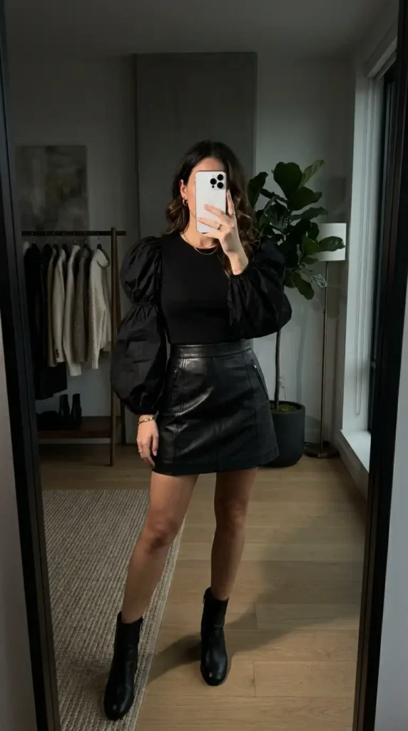 Artistic style outfits for women: black statement puff sleeve top with leather mini skirt and boots.
