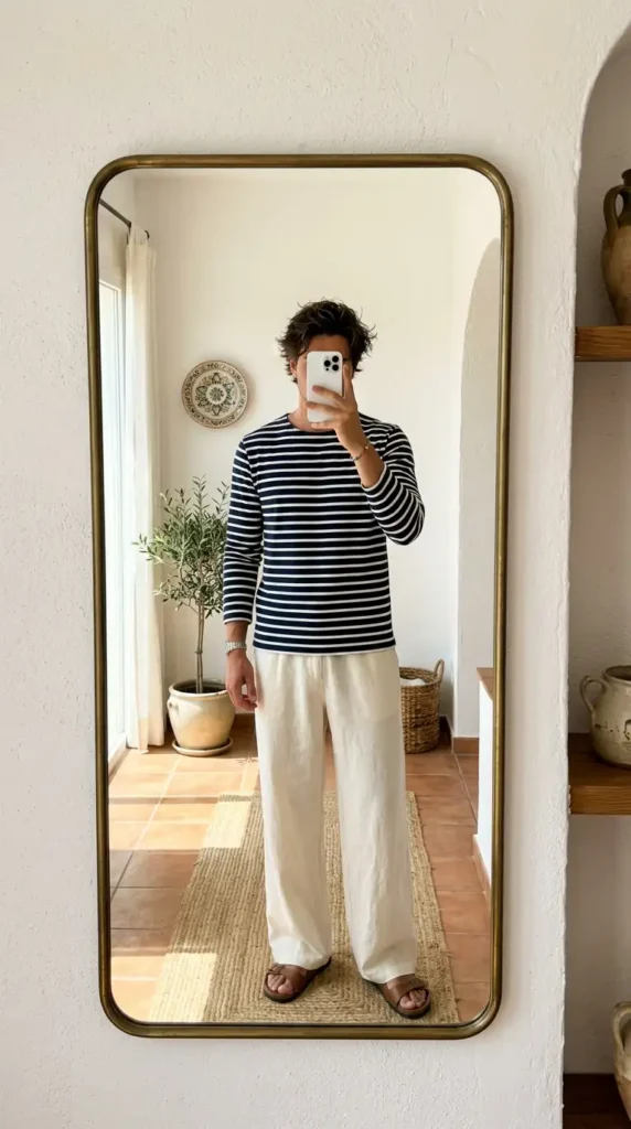 Breton stripe long-sleeve with wide-leg cream trousers — classic summer artsy outfits for men
