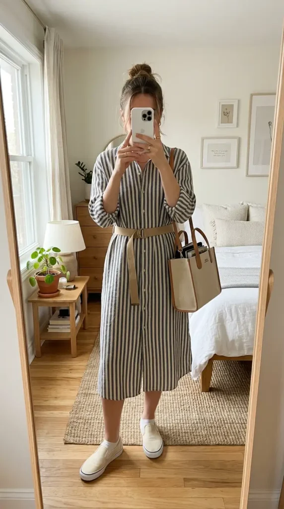 Belted navy striped linen shirt dress with slip-on sneakers and tote — easy Summer Artsy School Outfits.