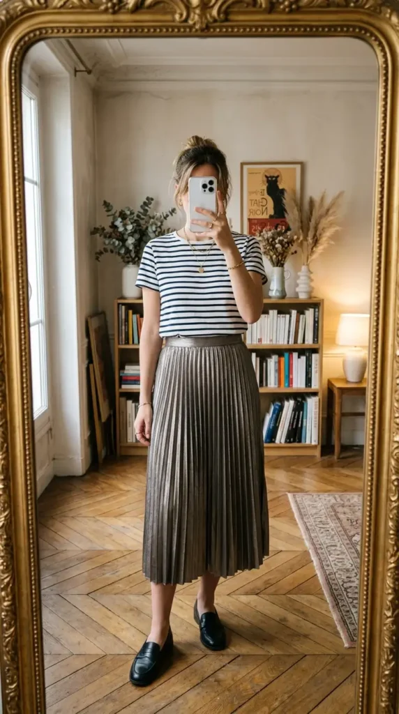 Artsy summer outfit ideas: classic striped tee tucked into a metallic pleated midi skirt with loafers
