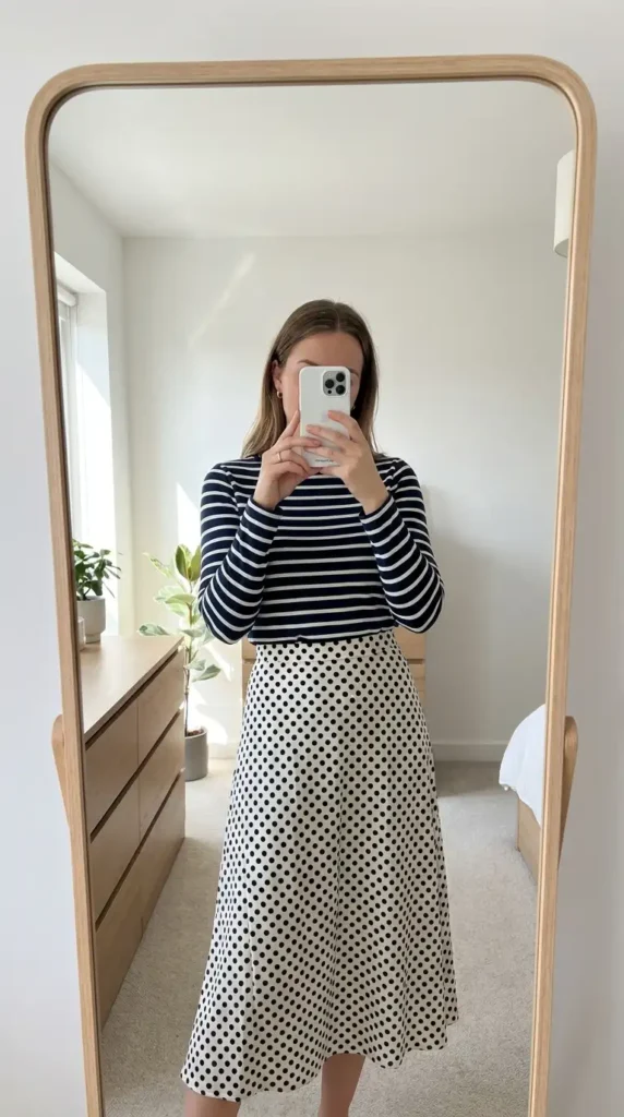 Black and white polka dot skirt outfits mixed with a navy and white striped long-sleeve Breton top
