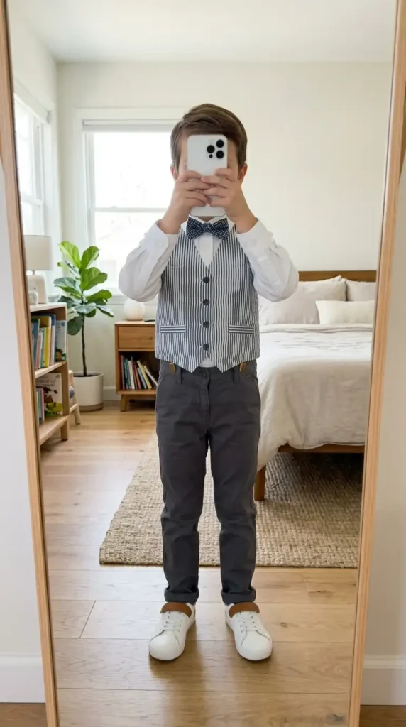 Boys suit outfit idea for wedding summer — striped vest, bow tie, suspenders, and dark chinos without a jacket in a mirror.