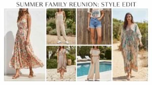 Six-look style collage featuring floral dresses, linen jumpsuits, and kaftans — summer family reunion outfit ideas