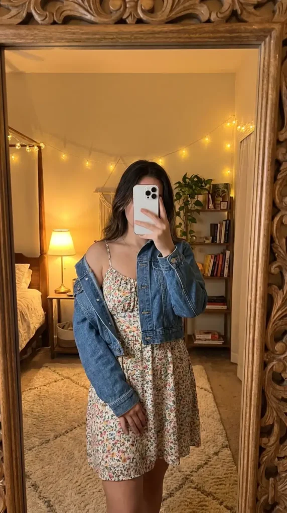 Floral mini sundress layered under a cropped denim jacket — casual summer family reunion outfit ideas