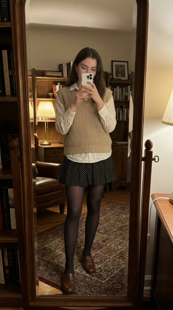Black and white polka dot skirt outfits with a knit sweater vest layered over a white collared shirt
