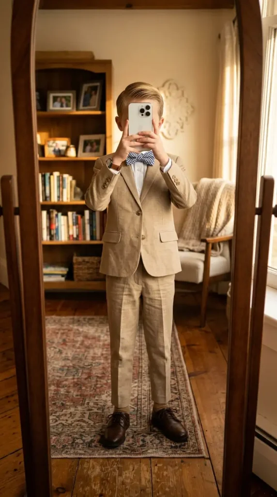 Tan boys suit outfit idea for wedding summer with gingham bow tie, white shirt, and brown Oxford shoes in a warm mirror selfie.