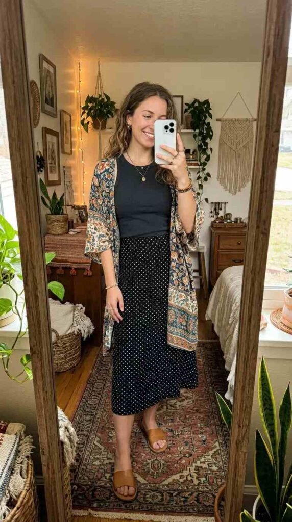 Black and white polka dot skirt outfits with a black tank top, floral kimono, and tan slide sandals
