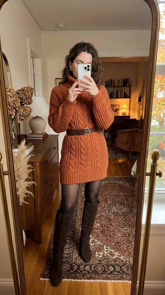 Rust cable-knit sweater dress belted at waist with tall brown boots — cozy woven fantasy dress to impress
