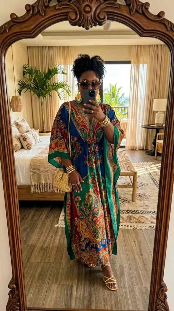 Luxe paisley caftan maxi with gold accessories — summer artsy outfit ideas for plus size women, resort-ready.
