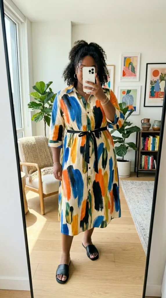 Abstract brushstroke midi shirt dress with black belt — summer artsy outfit ideas for plus size women.
