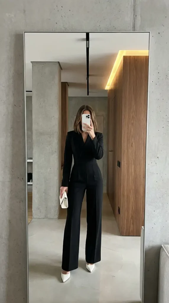 All-black structured jumpsuit styled with white heels and clutch — a bold black and white formal outfit idea.
