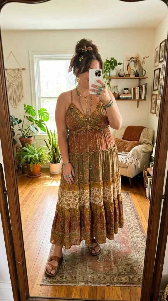 Boho tiered maxi dress in mixed paisley prints — summer artsy outfit ideas for plus size women, festival style.
